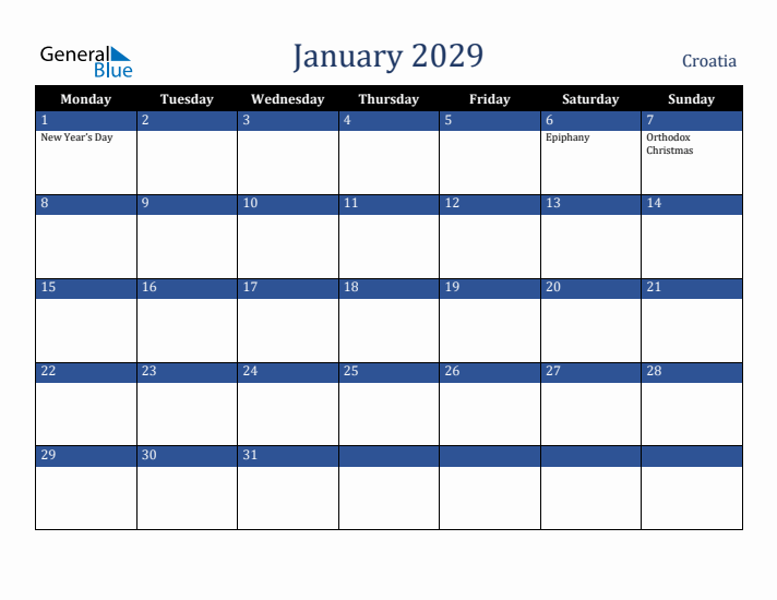 January 2029 Croatia Calendar (Monday Start)