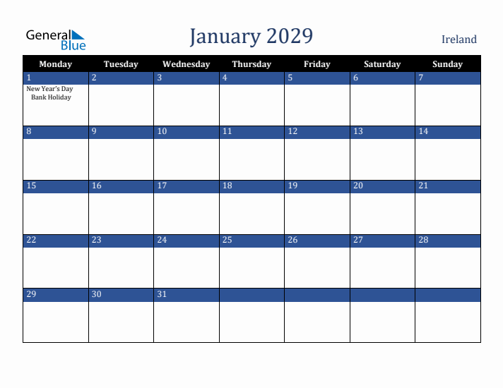 January 2029 Ireland Calendar (Monday Start)