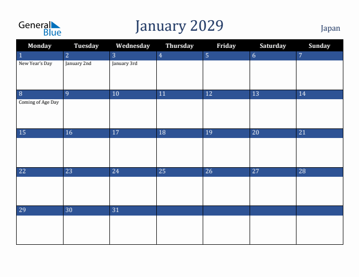 January 2029 Japan Calendar (Monday Start)