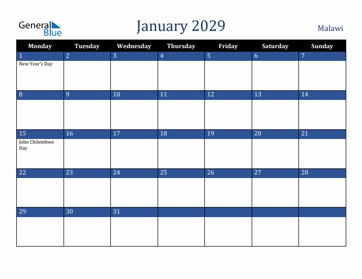January 2029 Malawi Calendar (Monday Start)