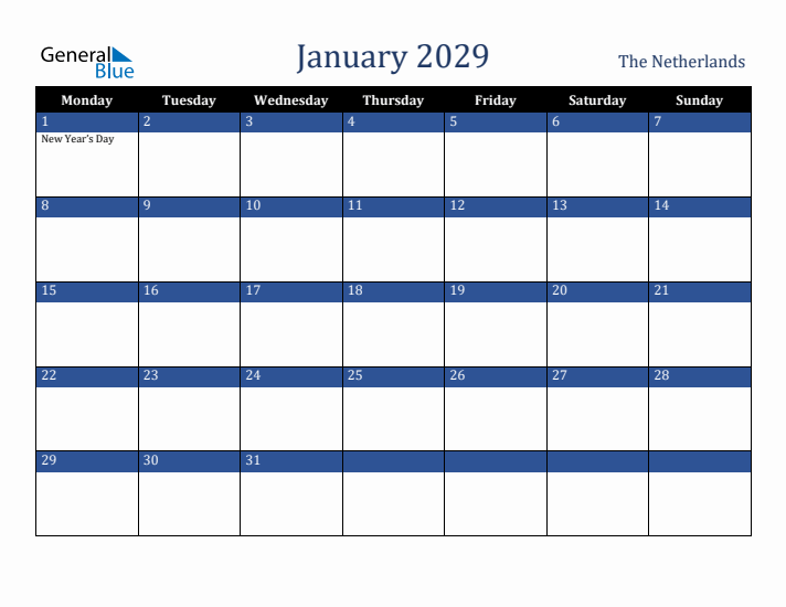 January 2029 The Netherlands Calendar (Monday Start)