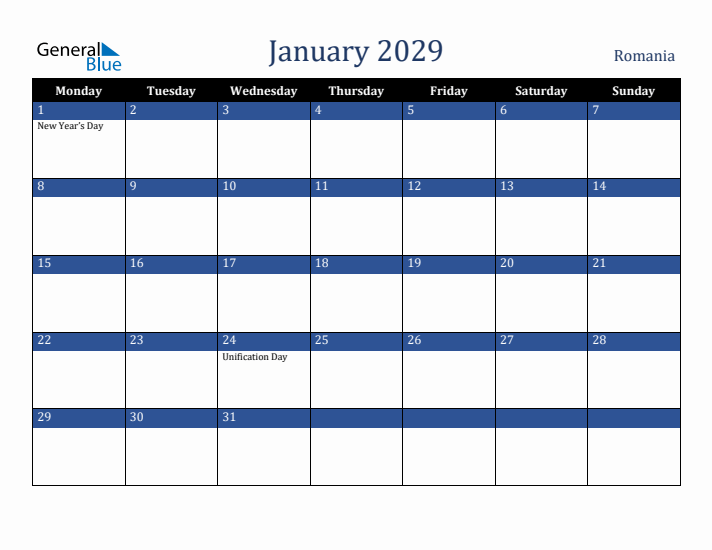 January 2029 Romania Calendar (Monday Start)