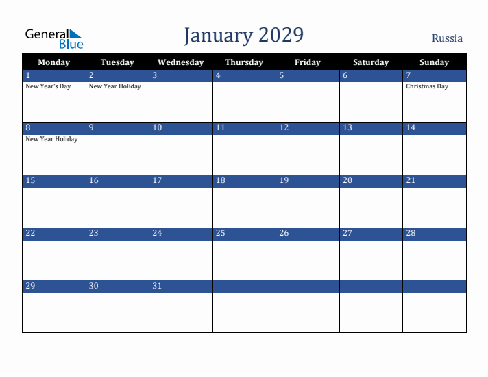 January 2029 Russia Calendar (Monday Start)