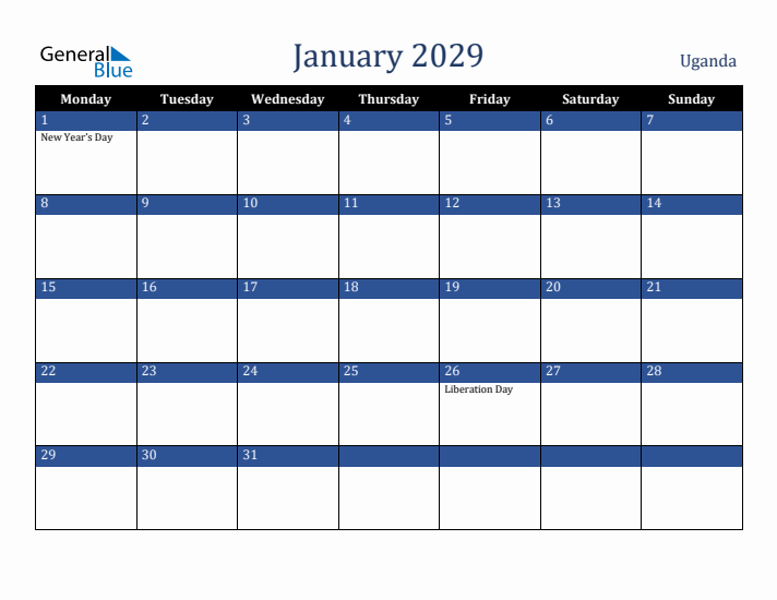 January 2029 Uganda Calendar (Monday Start)
