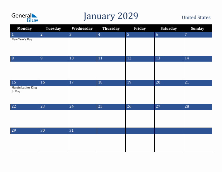 January 2029 United States Calendar (Monday Start)