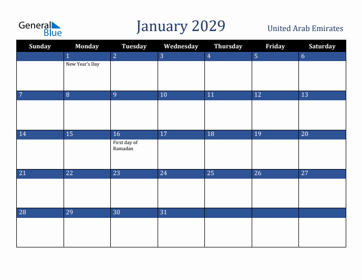 January 2029 United Arab Emirates Calendar (Sunday Start)