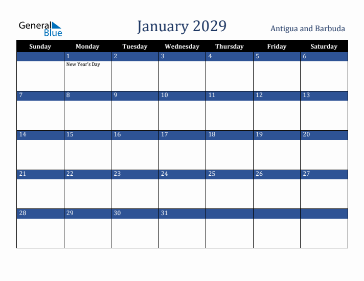 January 2029 Antigua and Barbuda Calendar (Sunday Start)