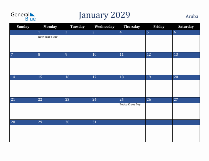 January 2029 Aruba Calendar (Sunday Start)