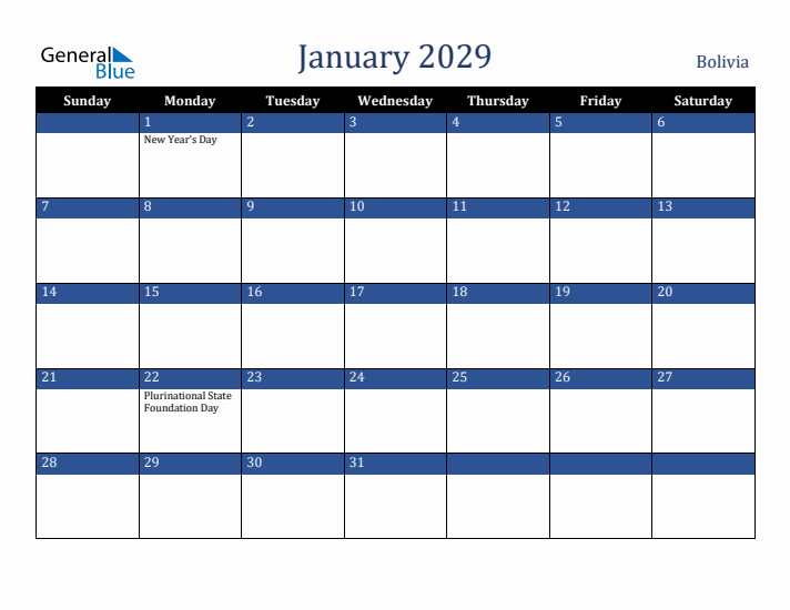 January 2029 Bolivia Calendar (Sunday Start)