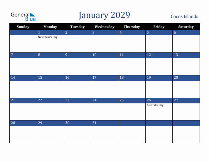 January 2029 Cocos Islands Calendar (Sunday Start)