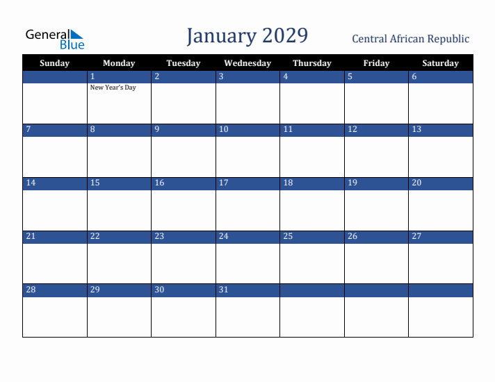January 2029 Central African Republic Calendar (Sunday Start)