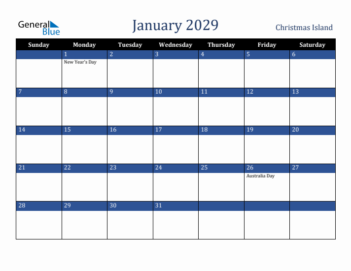 January 2029 Christmas Island Calendar (Sunday Start)