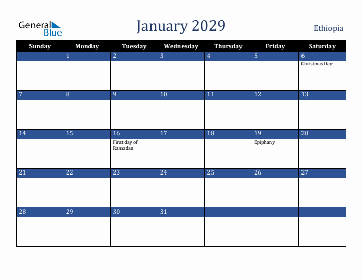January 2029 Ethiopia Calendar (Sunday Start)