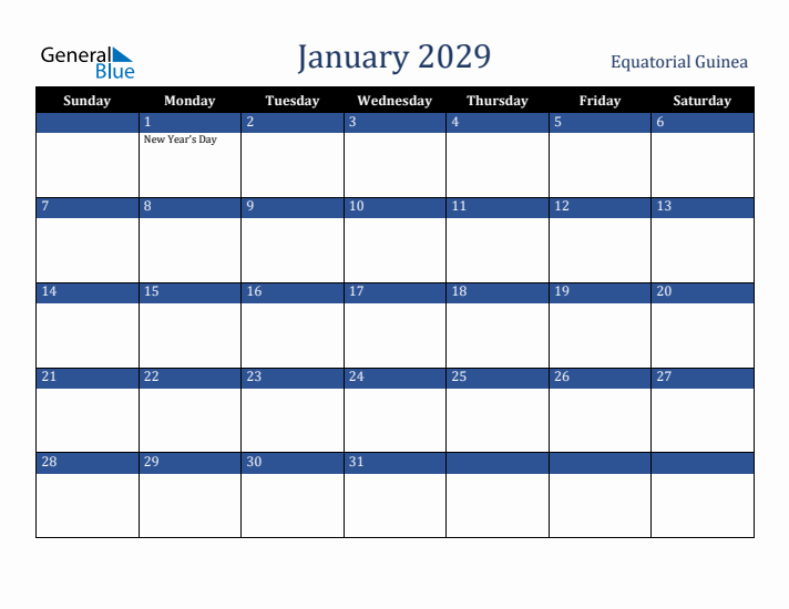 January 2029 Equatorial Guinea Calendar (Sunday Start)