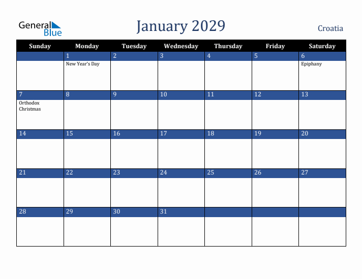 January 2029 Croatia Calendar (Sunday Start)