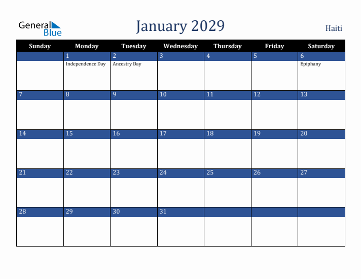 January 2029 Haiti Calendar (Sunday Start)