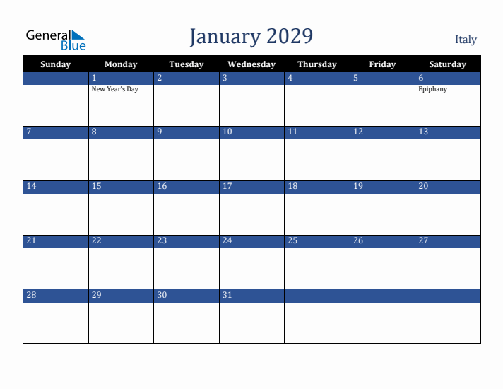 January 2029 Italy Calendar (Sunday Start)