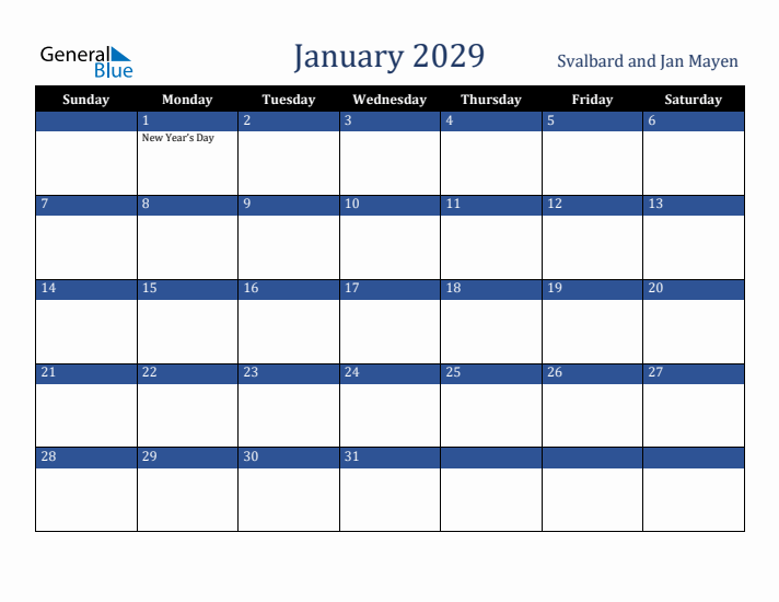 January 2029 Svalbard and Jan Mayen Calendar (Sunday Start)
