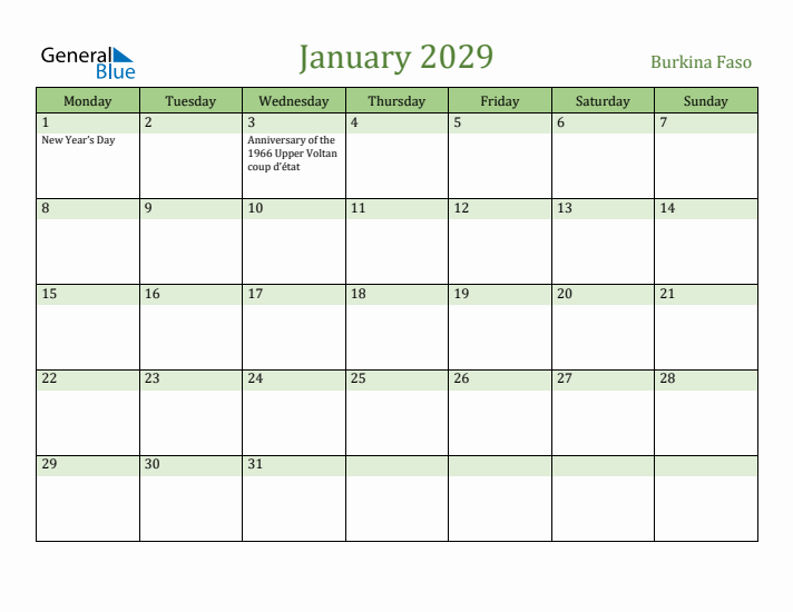 January 2029 Calendar with Burkina Faso Holidays