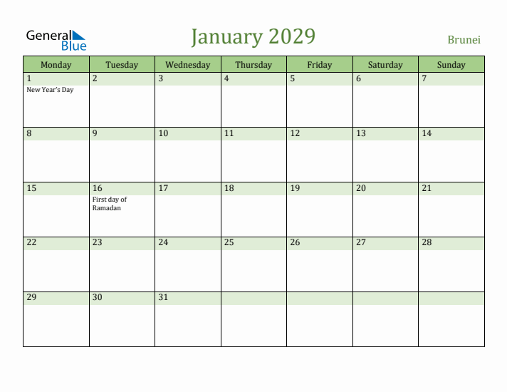 January 2029 Calendar with Brunei Holidays