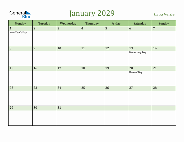 January 2029 Calendar with Cabo Verde Holidays
