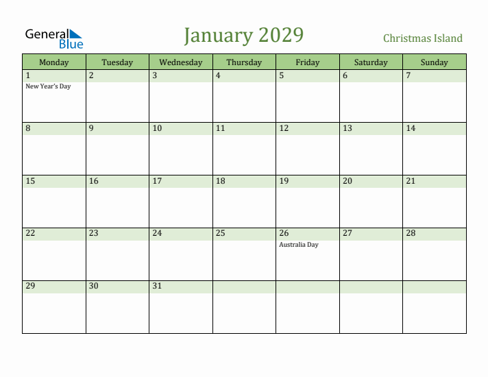 January 2029 Calendar with Christmas Island Holidays