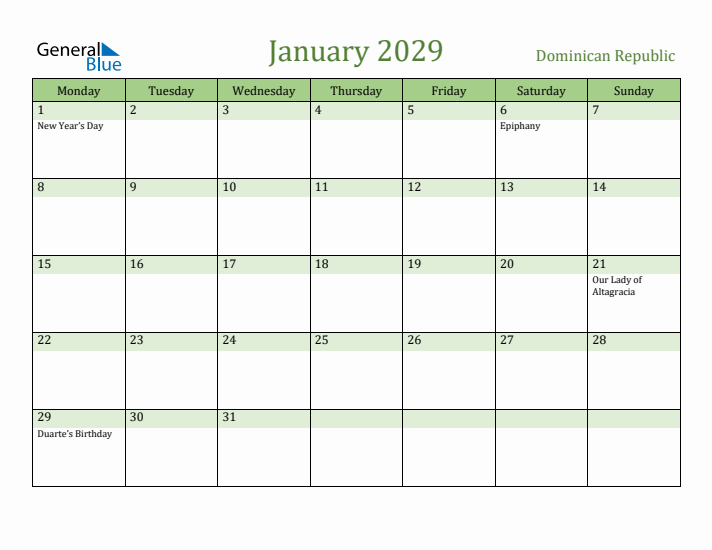 January 2029 Calendar with Dominican Republic Holidays