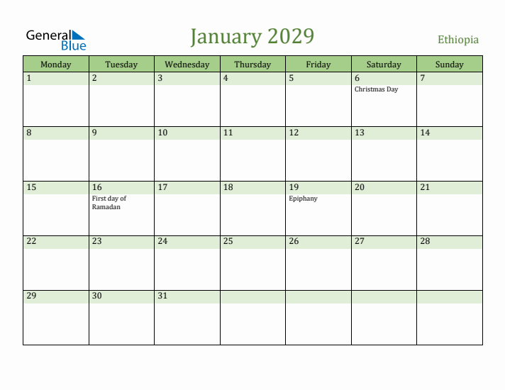 January 2029 Calendar with Ethiopia Holidays