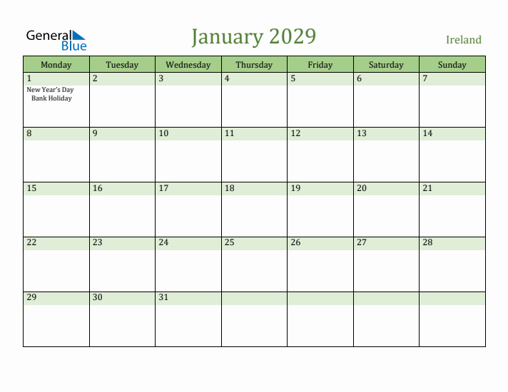 January 2029 Calendar with Ireland Holidays
