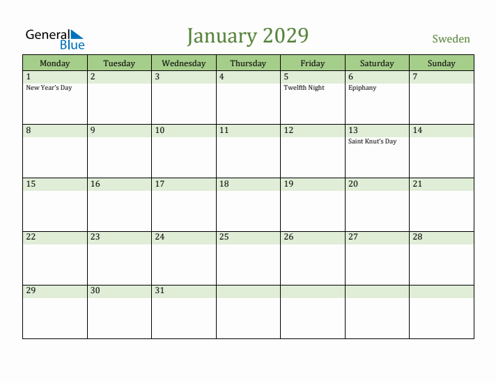 January 2029 Calendar with Sweden Holidays