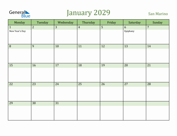 January 2029 Calendar with San Marino Holidays