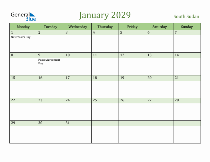 January 2029 Calendar with South Sudan Holidays