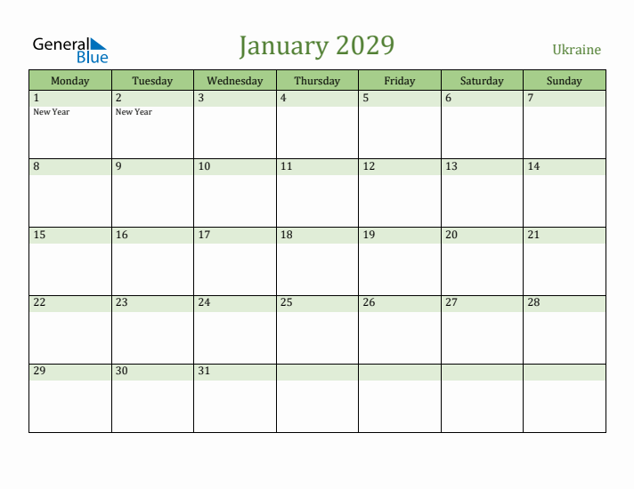 January 2029 Calendar with Ukraine Holidays