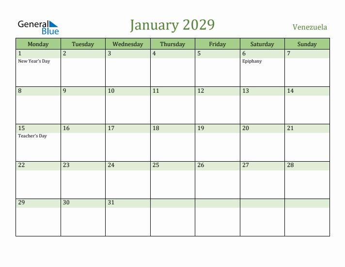January 2029 Calendar with Venezuela Holidays