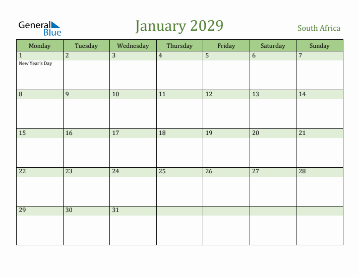 January 2029 Calendar with South Africa Holidays