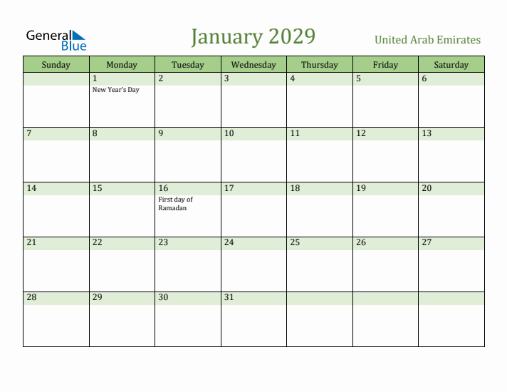 January 2029 Calendar with United Arab Emirates Holidays