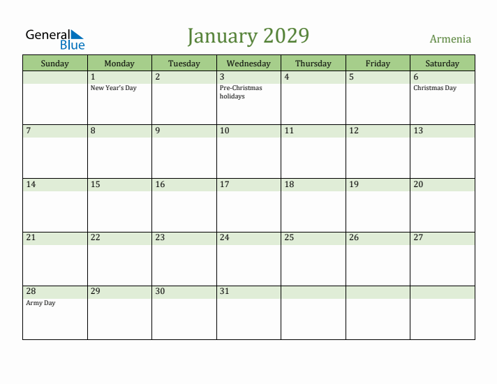 January 2029 Calendar with Armenia Holidays