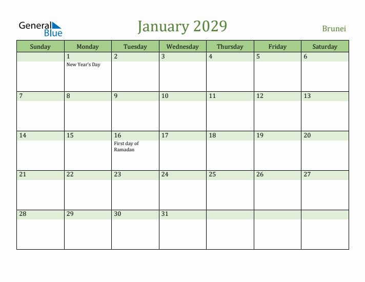 January 2029 Calendar with Brunei Holidays