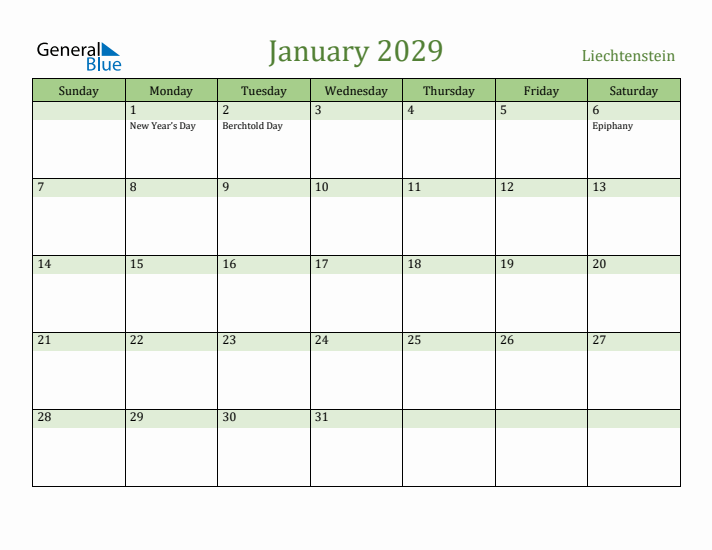 January 2029 Calendar with Liechtenstein Holidays