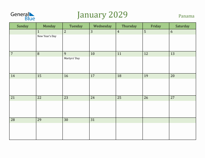 January 2029 Calendar with Panama Holidays