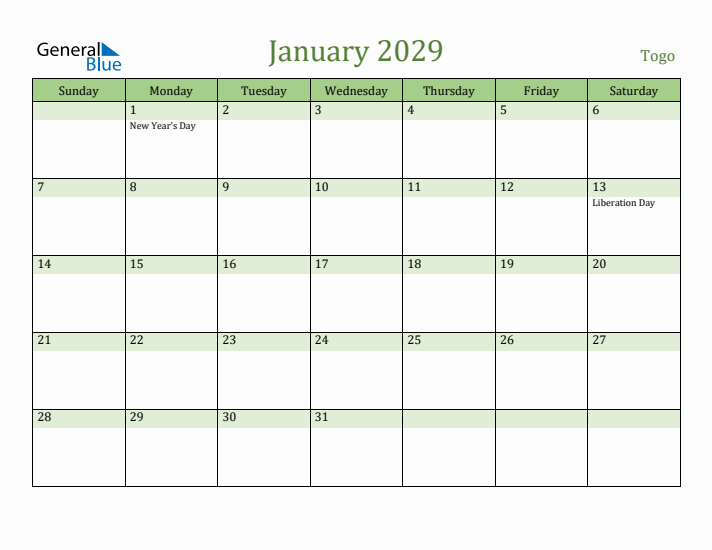January 2029 Calendar with Togo Holidays