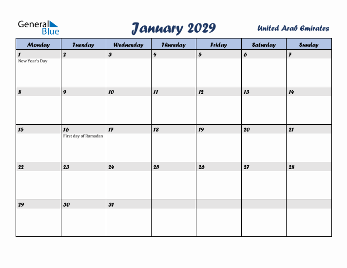 January 2029 Calendar with Holidays in United Arab Emirates