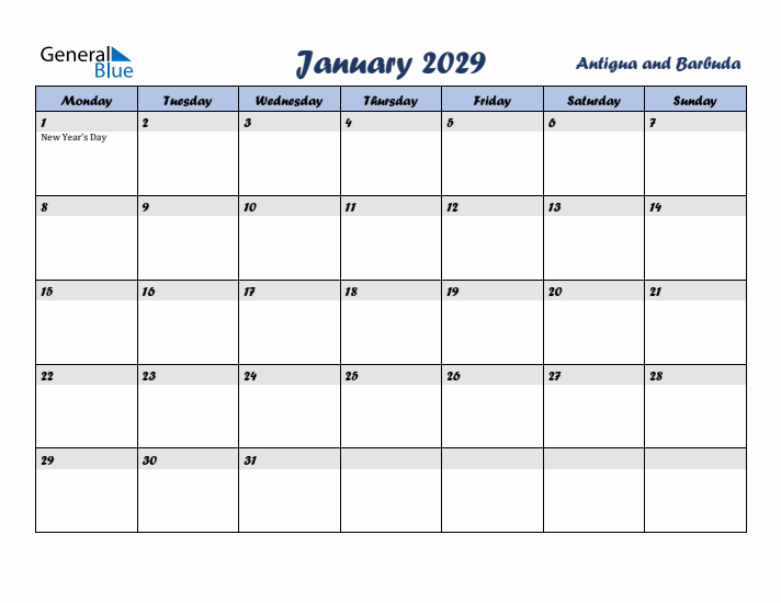 January 2029 Calendar with Holidays in Antigua and Barbuda