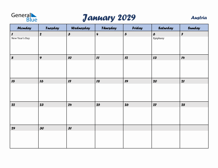 January 2029 Calendar with Holidays in Austria
