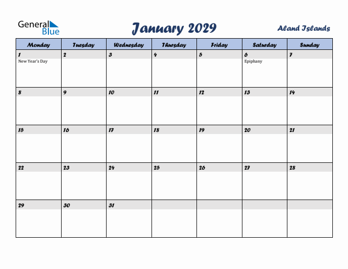 January 2029 Calendar with Holidays in Aland Islands