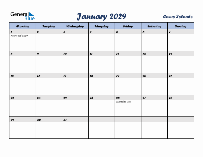 January 2029 Calendar with Holidays in Cocos Islands