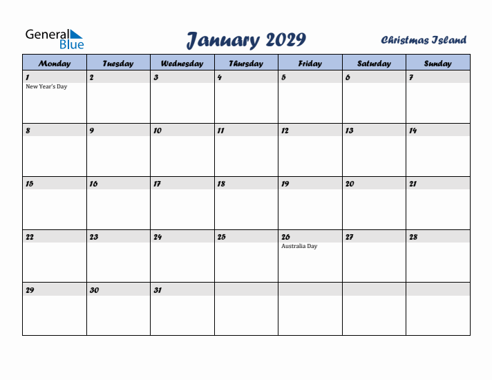 January 2029 Calendar with Holidays in Christmas Island