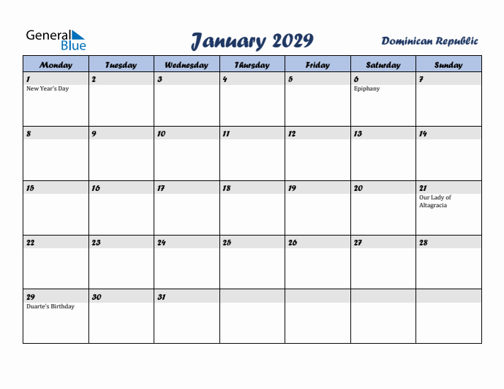 January 2029 Calendar with Holidays in Dominican Republic