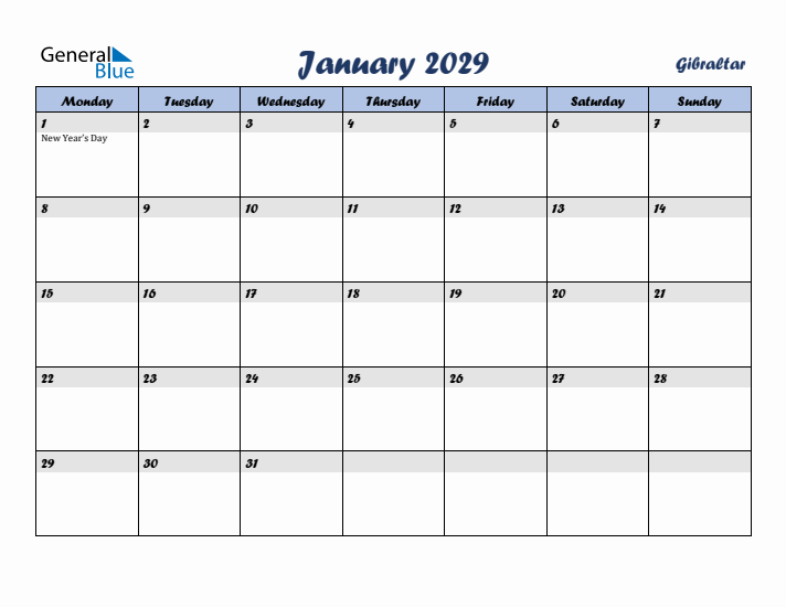 January 2029 Calendar with Holidays in Gibraltar