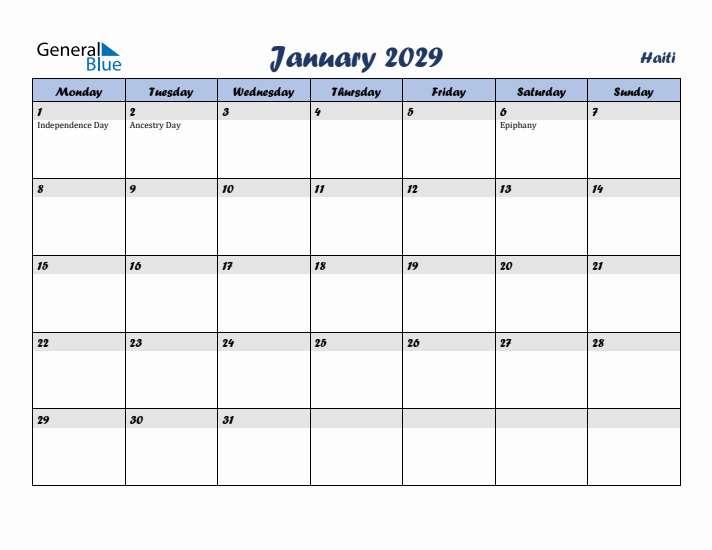 January 2029 Calendar with Holidays in Haiti